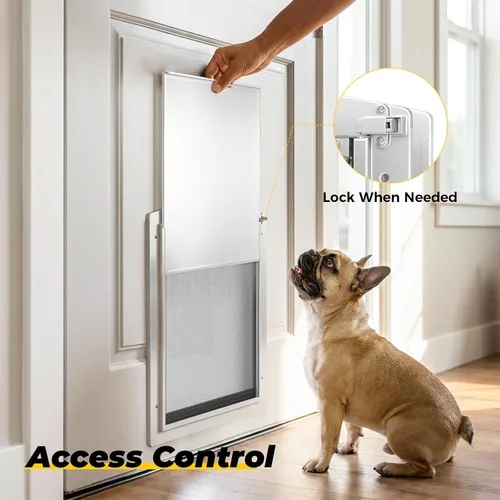 Vista 5 de Puerta de perro mediana para puerta, puerta de perro de metal con panel de bloqueo, puertas para perros medianos con solapa magnética, diseño