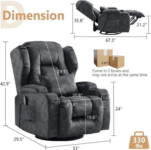 Vista 3 de DRMBOOK Sillas reclinables giratorias de doble motor con masaje y calor Gris