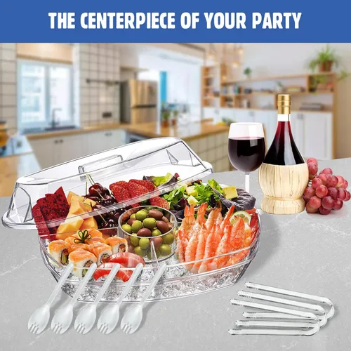 Vista 4 de LIMOEASY Bandeja de servir refrigerada, plato de plástico transparente de 15 pulgadas con 4 compartimentos, cuenco para servir hielo con tapa, plato