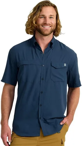 Vista 32 de HUK Men's Tide Point Kc Scott Original Artwork Short Sleeve Shirt, Fishing Button Down Negro