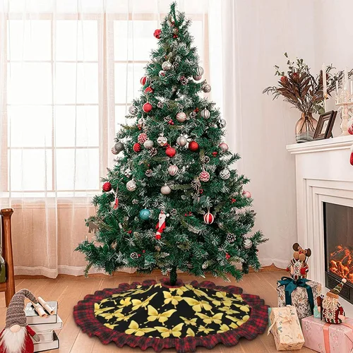 Vista 7 de Beautiful Gold Butterflies Print Christmas Tree Skirt Red Black Plaid Border Xmas Tree Skirt Holiday New Year Party Christmas Party Decor. 30 in 36