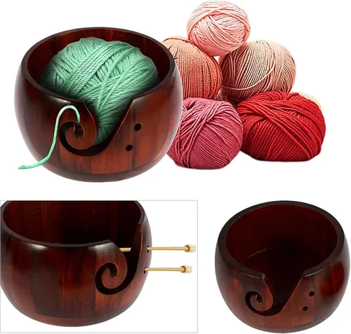 Vista 2 de Joyeee Cuenco de hilo de madera, soporte de hilo para ganchillo, soporte de accesorios para tazón de ganchillo con agujeros hecho a mano para evitar