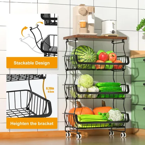 Vista 2 de Gsiekare Cesta de frutas y verduras para cocina, cestas de almacenamiento de 4 niveles apilables con ruedas, cestas organizadoras de almacenamiento