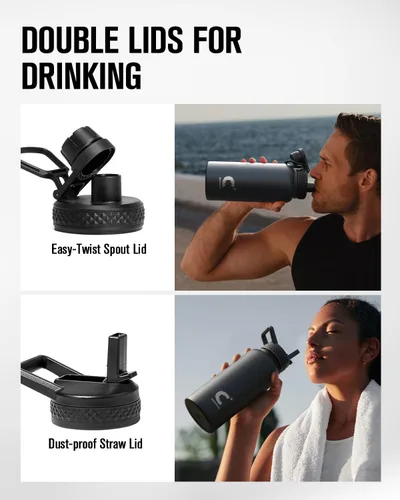 Vista 5 de Coolplus - Botella de agua de 32 onzas aislada, termo de agua de acero inoxidable con popote de metal de doble pared al vacío con funda de Negro