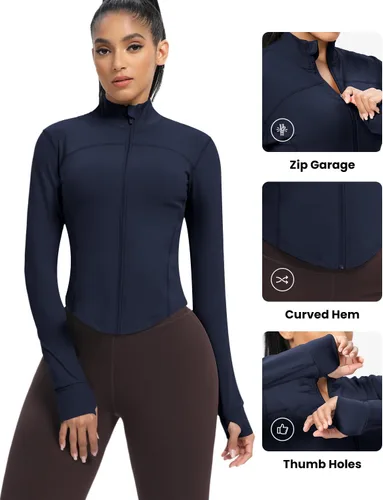 Vista 16 de AVGO Chaquetas de entrenamiento recortadas para mujer, con cremallera, ajustadas, atléticas, con agujeros para el pulgar