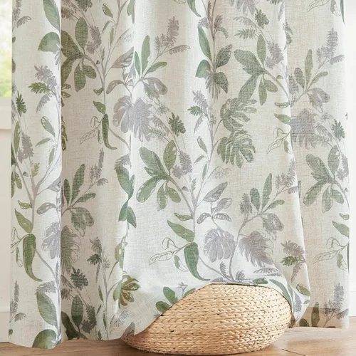 Vista 7 de Jinchan Cortinas de lino para sala de estar de 63 pulgadas de largo, con estampado de hojas tropicales, cortinas botánicas de lino estilo rústico