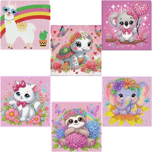Vista 8 de Acelii Paquete de 6 kits de pintura de diamantes de dibujos animados 5D para niños principiantes, lindos animales, kit de arte de diamantes