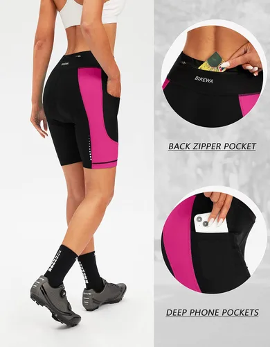 Vista 3 de Bikewa Pantalones cortos de bicicleta para mujer, acolchados 4D, pantalones cortos de ciclismo de carretera, para mujer, con bolsillos con cremallera