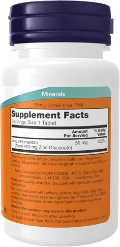 Vista 2 de Gluconato de zinc Now Foods, de 50 mg, 100 tabletas.
