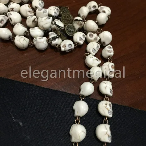 Vista 5 de elegantmedical XL10MM howlita cráneo cuentas antiguas Rosario Cruz Bronce Cruz Collar Católico REGALOS, elegantmedical