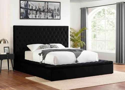 Vista 2 de Yumi - Cama de plataforma tapizada de terciopelo de perfil bajo, color negro, tamaño Queen
