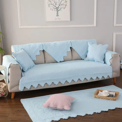 Vista 5 de Funda de sofá de algodón con bordado de hojas y flores, antideslizante, acolchada, protector de muebles para perros, niños y mascotas, lavable a Azul