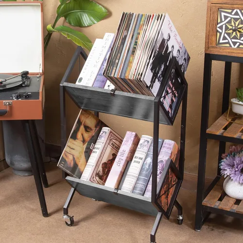Vista 7 de SwaaVee Estante de almacenamiento de discos de vinilo con ruedas, soporte de discos de vinilo de 2 niveles 160-200 LP con divisores, estilo retro