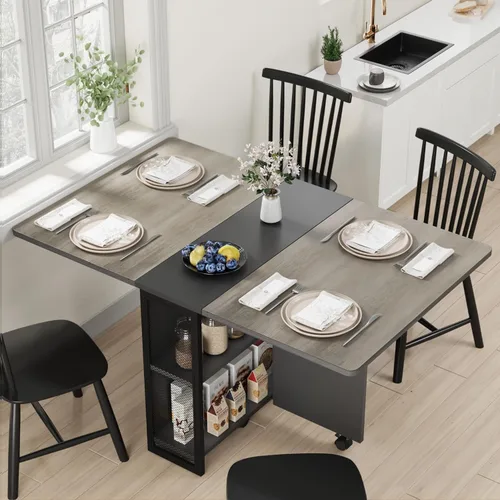 Vista 11 de IDEALHOUSE Mesa Plegable, Mesa de Comedor de Hoja Abatible con 6 Ruedas y Estante de Almacenamiento de 2 Niveles, Mesa de Ahorro de Espacio