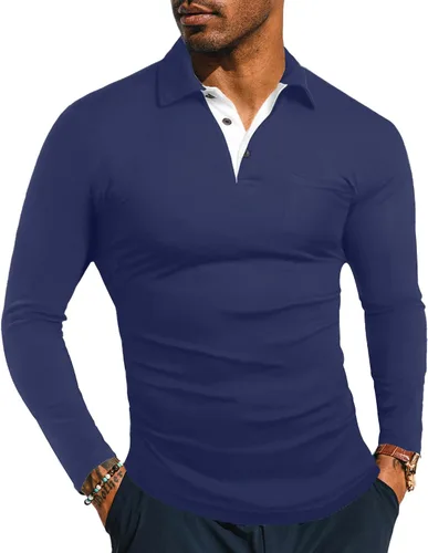 Vista 11 de KUYIGO Camisas de manga larga y corta estilo polo para hombre, estilo informal, ajustadas, diseño sólido, suave, con botones, de algodón, con A1