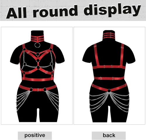 Vista 5 de Arnés de cuerpo de talla grande para mujer gorda y niña, cadena de metal, hueco completo, sujetador de jaula, medias de pierna, liguero, ropa gótica