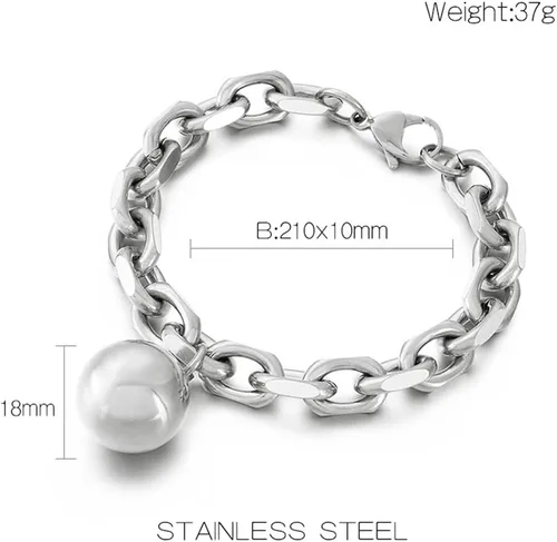 Vista 6 de Pulsera de cadena gruesa de acero inoxidable con dijes de bola para mujer, accesorios de joyería