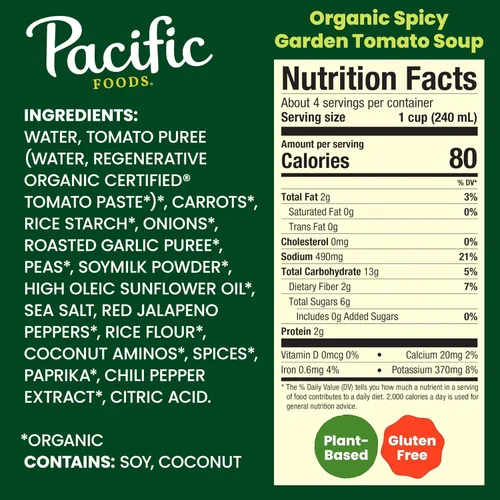 Vista 2 de Pacific Foods Sopa de tomate de jardín picante orgánica, cartón de 32 onzas