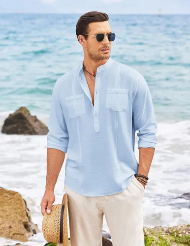 Vista 3 de COOFANDY Camisa Henley de lino para hombre, de manga larga, casual, hippie, de algodón, para playa