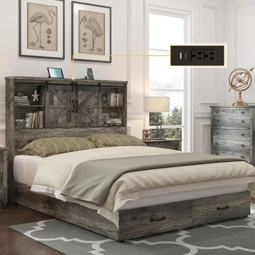 Vista 8 de HOWE Marco de cama de tamaño Queen con cabecera de estantería de 51.2 pulgadas, plataforma de madera con 2 cajones, puerta corrediza de granero