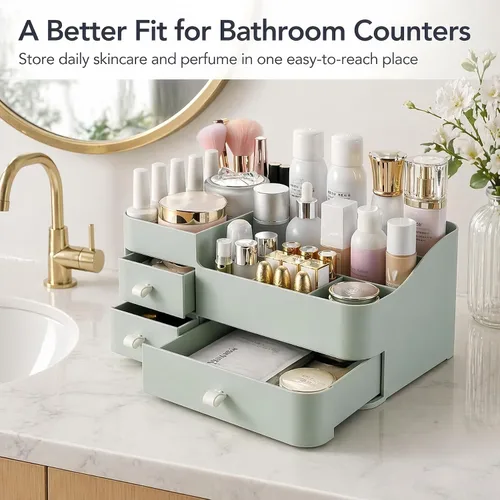 Vista 4 de Organizador de maquillaje para tocador, organizador grande de encimera con cajones, almacenamiento de cosméticos para el cuidado de la piel