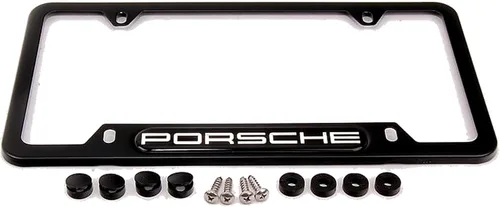 Vista 2 de Porsche Placa de matrícula original OEM de acero inoxidable con marco de acabado negro mate