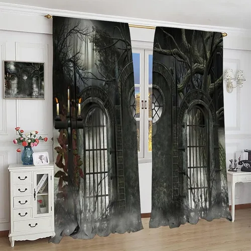 Vista 4 de Cortinas góticas con diseño de luna de Halloween, historia, puerta espeluznante, fondo de terror, vela, ficción, patrón de impresión, sala de estar