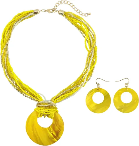 Vista 18 de Coiris Collar de varias vueltas con cuentas coloridas y gran colgante de concha circular para mujer Negro