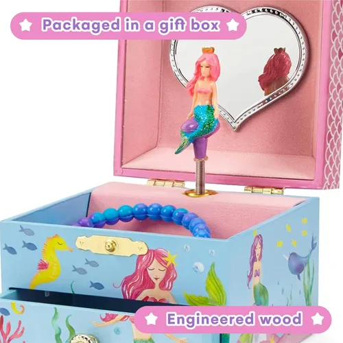 Vista 4 de Jewelkeeper Joyero musical de sirena para niña, diseño subacuático, cajón extraíble sobre las olas