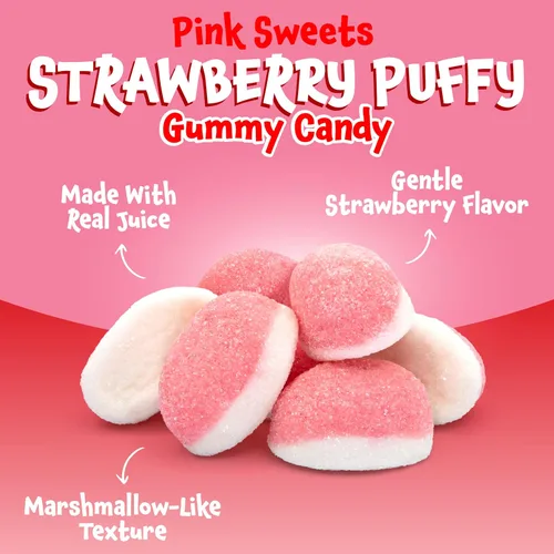 Vista 4 de Caramelos de gomita hinchables de fresa - Paquete a granel de 2 libras (aproximadamente 110 unidades) Dulces rosados Gomitas de fresa para revelar