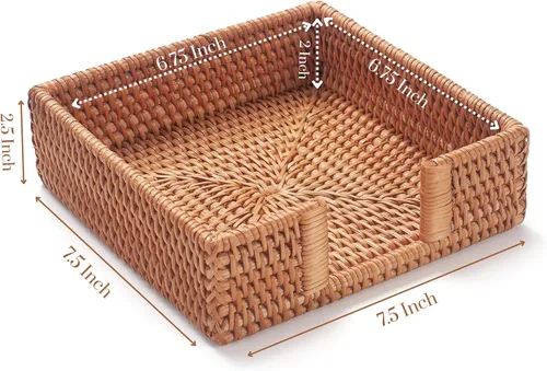 Vista 6 de Servilletero cuadrado de ratán, servilleteros para servilletas de papel, 7.5" x 7.5" x 2.5", bandeja de mimbre para servilletas, soporte tejido