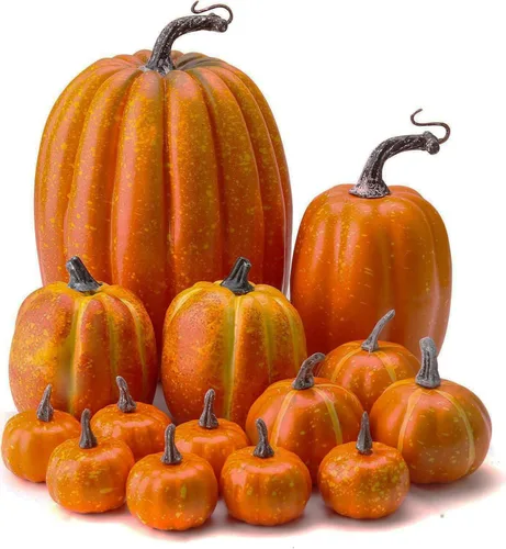Vista 7 de WESAPPINC Calabazas artificiales, 12 piezas de calabazas falsas blancas, calabazas surtidas, grandes calabazas de imitación de cosecha
