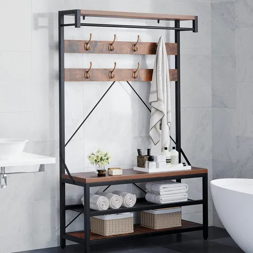 Vista 4 de Amyove Perchero grande para zapatos, banco de zapatos, zapatero de árbol para entrada, estante de almacenamiento de 3 niveles y ganchos extraíbles
