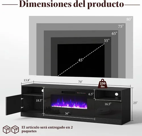 Vista 2 de AMERLIFE - Soporte de TV con chimenea eléctrica de 36 pulgadas de 70 pulgadas Negro
