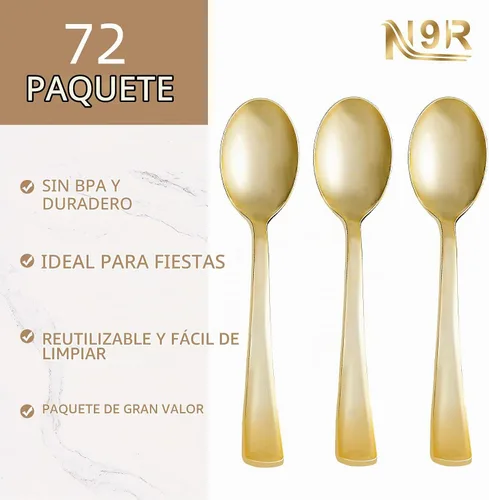 Vista 2 de N9R 72 cucharas de plástico doradas desechables, utensilios resistentes para la cena