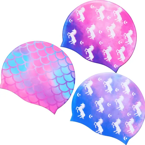 Vista 9 de Syhood Gorras de natación para niños, 3 unidades, impermeables, gorro de natación de dibujos animados para cabello largo y corto, para niños y niñas