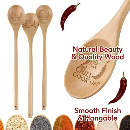 Vista 3 de Cucharas de madera para cocinar, juego de 3 cucharas de cocina de madera maciza de 13 pulgadas de largo con mango largo, no tóxicas