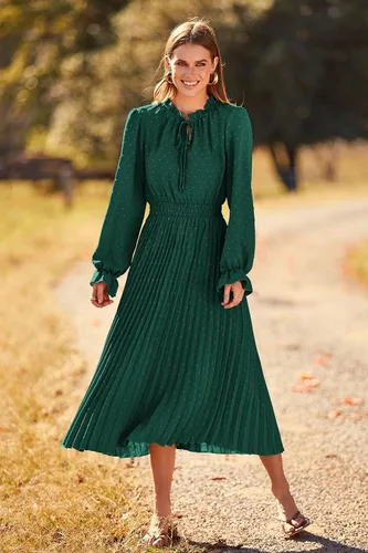 Vista 8 de PRETTYGARDEN Vestido midi de otoño 2024 para mujer, casual, manga larga, cuello en V, lunares suizos, plisado, acampanado, vestidos fluidos