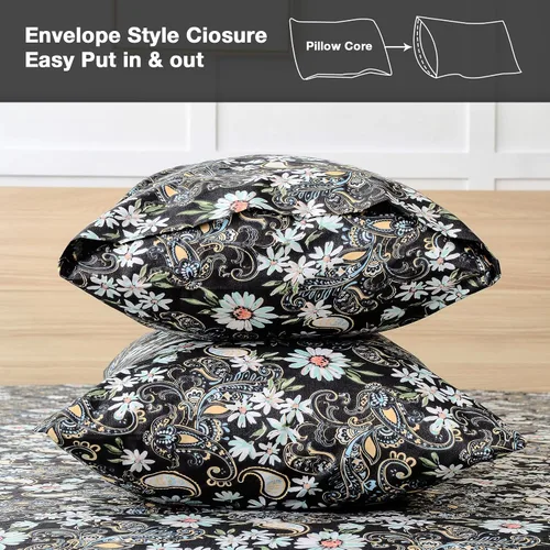 Vista 3 de JSD - Juego de sábanas de 6 piezas con estampado floral de cachemira negra y bolsillo profundo Juego de fundas de almohada de microfibra
