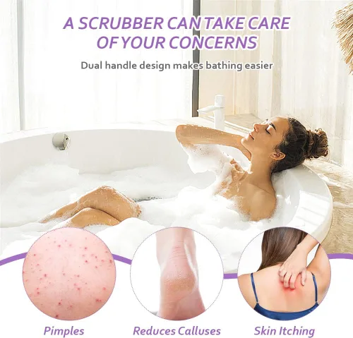 Vista 7 de Juego de 6 piezas de exfoliante para la espalda con asas, limpiador corporal de longitud extendida, 4 limpiadores de espalda y 2 guantes de baño