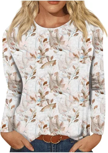 Vista 20 de Camisetas de manga larga para mujer, blusas elegantes y casuales con cuello redondo para mujer #00-Beige