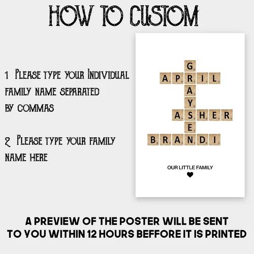 Vista 5 de Cartel o lienzo personalizado con nombre de la familia, estampado de Scrabble de crucigrama, mosaico de letras familiares, rompecabezas con nombre