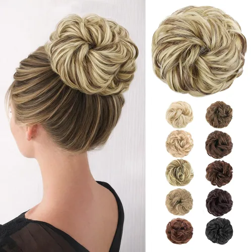 Vista 19 de MORICA Moño desordenado, extensiones de moño sintético para mujeres (rubio beige ceniza)