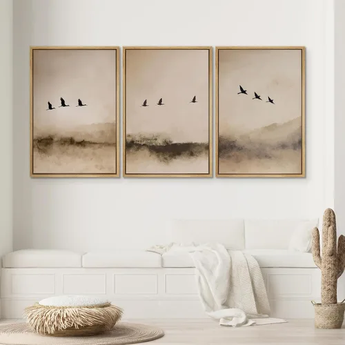 Vista 272 de SIGNWIN Lienzo enmarcado para pared, juego de arte pastel con cadena montañosa, bosque, niebla, naturaleza silvestre, ilustraciones modernas, arte