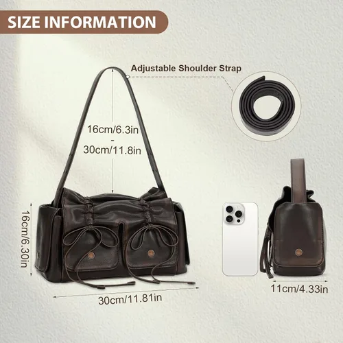 Vista 6 de YFGBCX Bolsos de diseñador para mujer, bolso multibolsillo, bolso Y2K, bolso de lazo de moda con acabado lavado, bolso vintage hobo bolso de otoño