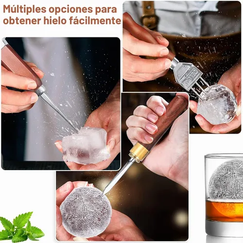 Vista 4 de Juego de 7 palillos de hielo de acero inoxidable con mango de madera, bolsa Lewis de hielo triturado y martillo de madera para romper hielo tallado