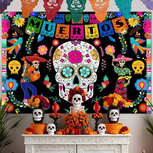 Vista 2 de Avezano Telón de fondo del Día de los Muertos, 5 x 3 pies, diseño de calavera de azúcar mexicana, fondo de fotografía de Dia DE Los Muertos