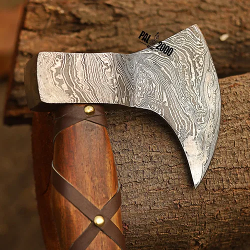 Vista 6 de AX-9436 - Hacha vikinga de acero de Damasco forjada para regalo personalizado de 18 pulgadas, con eje de madera de rosa, hacha de camping barbuda