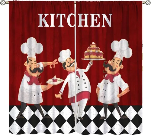 Vista 11 de Cortinas de cocina de chef, cortinas de cocina con tema de cocinero gordo para dormitorio, sala de estar, juego de 2 paneles de cortina de cocina a
