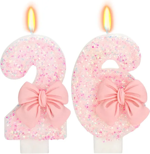 Vista 56 de Vela de cumpleaños para pastel, vela 0 - purpurina rosa con lazo, vela de feliz cumpleaños de 2.76 pulgadas, adorno superior de pastel para fiestas